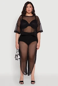 Womens Plus Trendy High Waist Side Slit Mesh Palazzo Pants, 3X