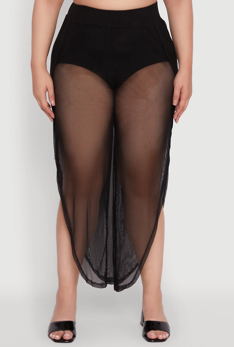 Womens Plus Trendy High Waist Side Slit Mesh Palazzo Pants,