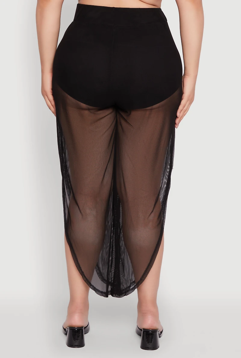 Womens Plus Trendy High Waist Side Slit Mesh Palazzo Pants,