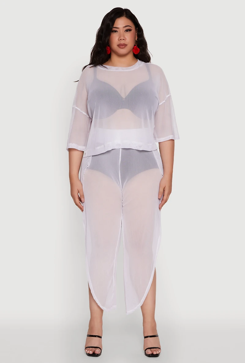Womens Plus Size Trendy High Waist Side Slit Mesh Palazzo Pants, White, Size 1X
