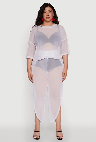 Womens Plus Size Trendy High Waist Side Slit Mesh Palazzo Pants, White, Size 1X