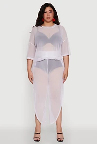 Womens Plus Size Trendy High Waist Side Slit Mesh Palazzo Pants, White, Size 1X
