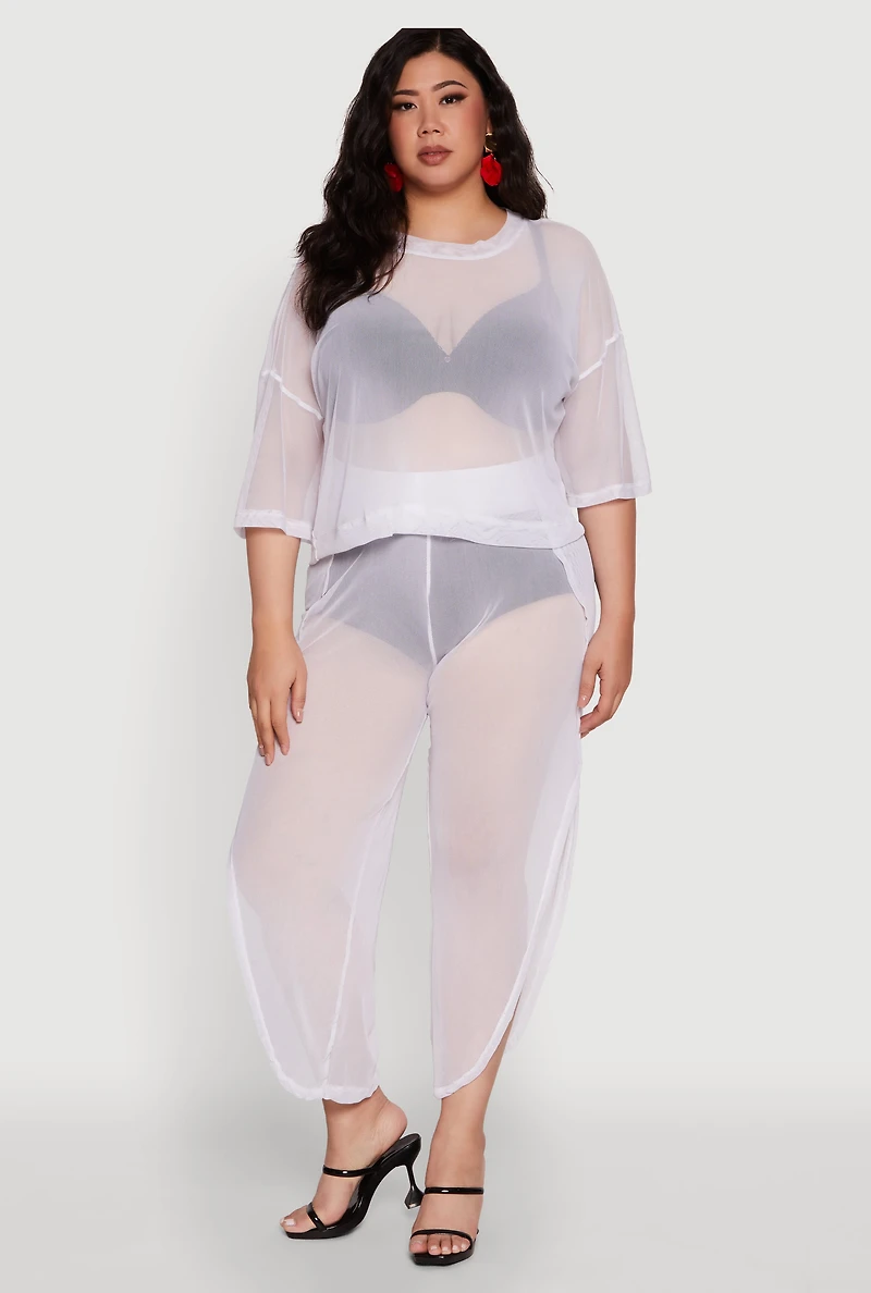 Womens Plus Size Trendy High Waist Side Slit Mesh Palazzo Pants, White, Size 1X