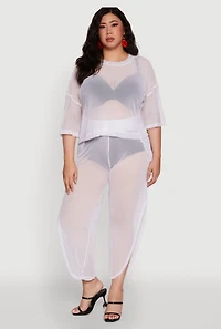 Womens Plus Size Trendy High Waist Side Slit Mesh Palazzo Pants, White, Size 1X