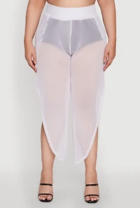Womens Plus Size Trendy High Waist Side Slit Mesh Palazzo Pants, White, Size 1X