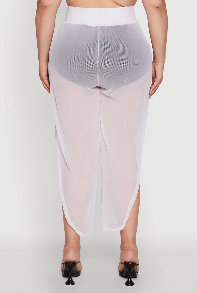 Womens Plus Size Trendy High Waist Side Slit Mesh Palazzo Pants, White, Size 1X