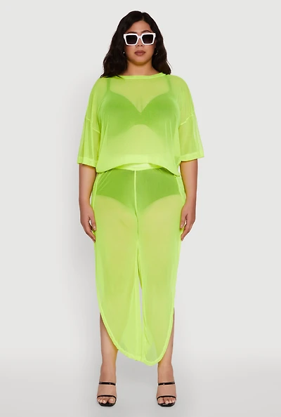 Womens Plus Trendy High Waist Side Slit Mesh Palazzo Pants,
