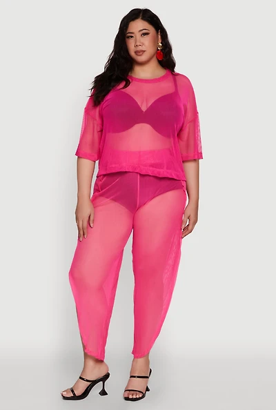 Womens Plus Size Trendy High Waist Side Slit Mesh Palazzo Pants, Pink, Size 1X