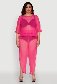 Womens Plus Size Trendy High Waist Side Slit Mesh Palazzo Pants, Pink, Size 1X