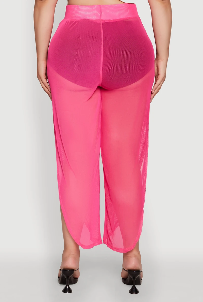 Womens Plus Size Trendy High Waist Side Slit Mesh Palazzo Pants, Pink, Size 1X