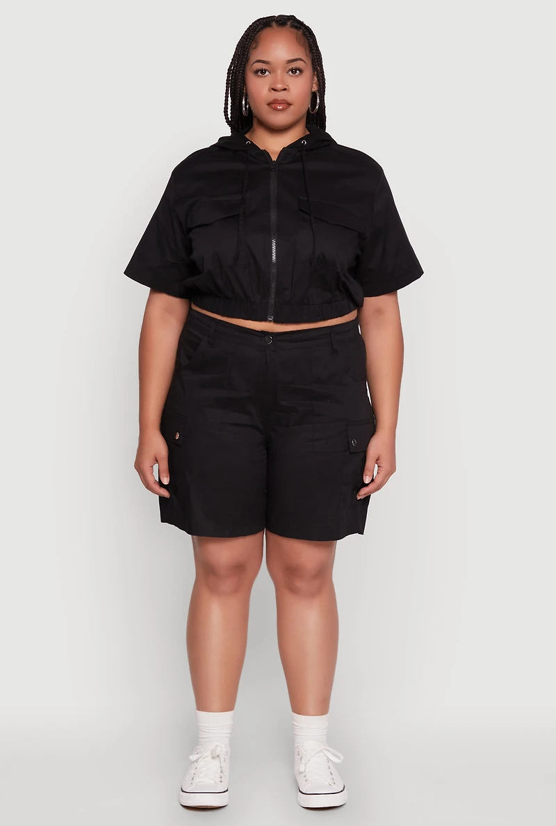 Plus Stylish Zip Front Cropped Hoodie