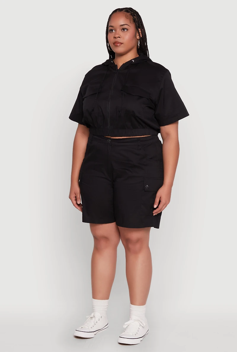Plus Stylish Zip Front Cropped Hoodie