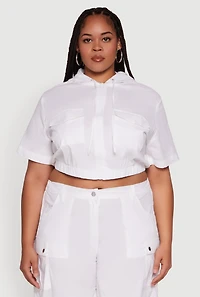 Womens Plus Size Stylish Zip Front Cropped Hoodie, White, Size 1X