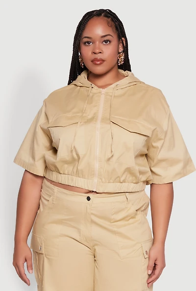 Womens Plus Size Stylish Zip Front Cropped Hoodie, Beige, Size 3X