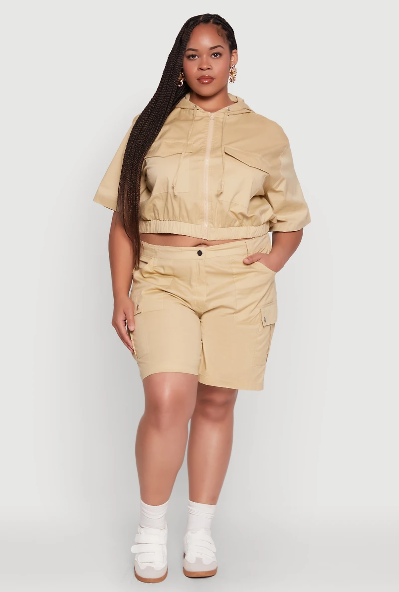 Womens Plus Size Stylish Zip Front Cropped Hoodie, Beige, Size 3X