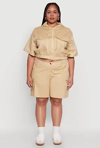 Womens Plus Size Stylish Zip Front Cropped Hoodie, Beige, Size 3X