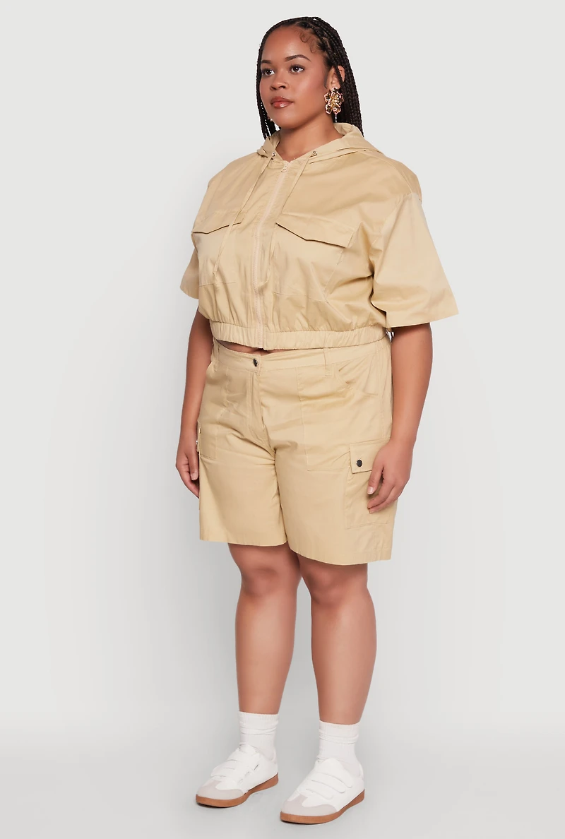 Womens Plus Size Stylish Zip Front Cropped Hoodie, Beige, Size 3X