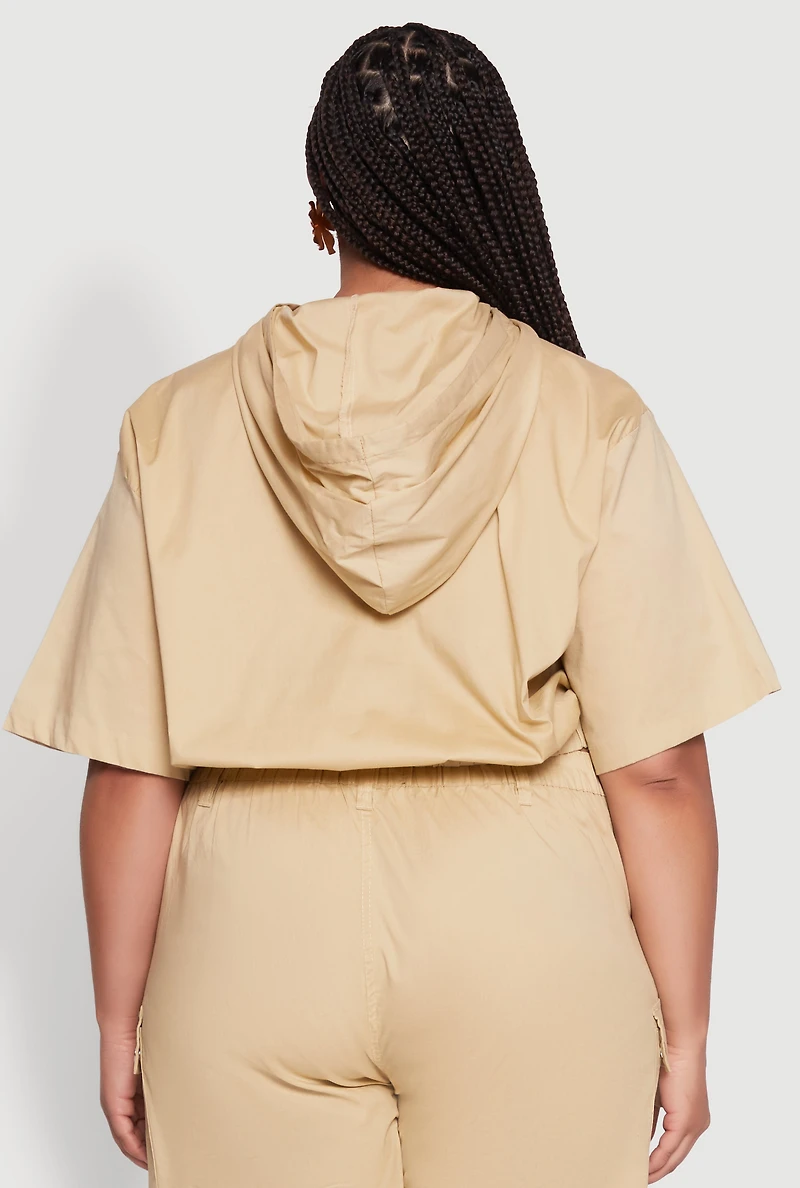 Womens Plus Size Stylish Zip Front Cropped Hoodie, Beige, Size 3X