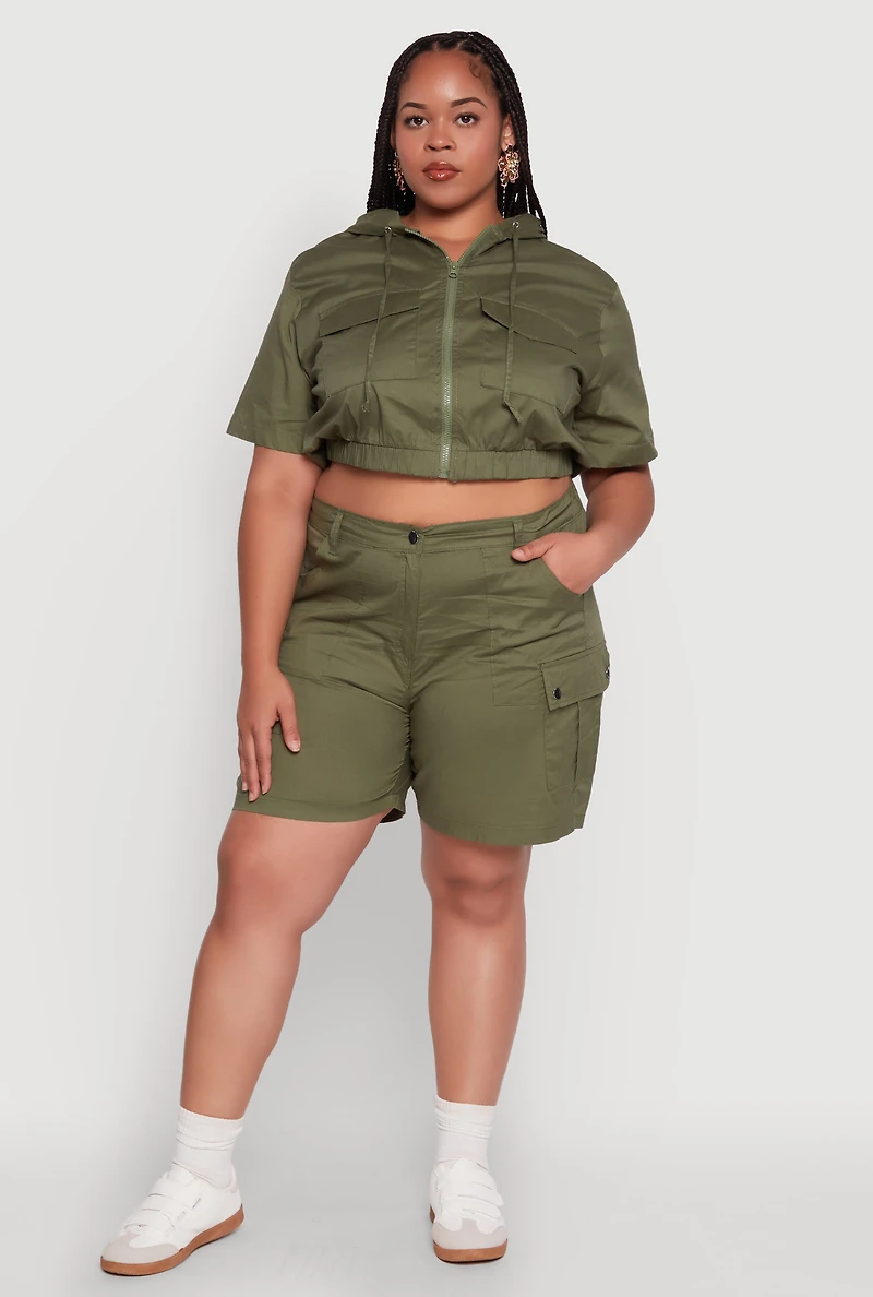 Womens Plus Stylish Zip Front Cropped Hoodie, Green,