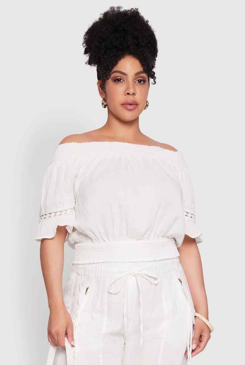 Womens Plus Size Chic Crochet Detail Off Shoulder Blouse, White, Size 2X