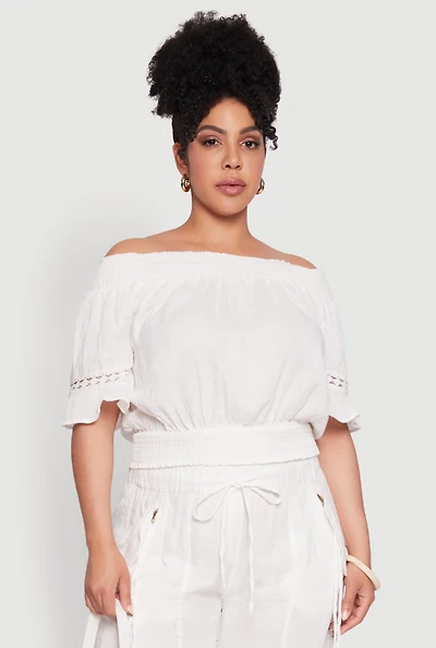 Womens Plus Size Chic Crochet Detail Off Shoulder Blouse, White, Size 2X