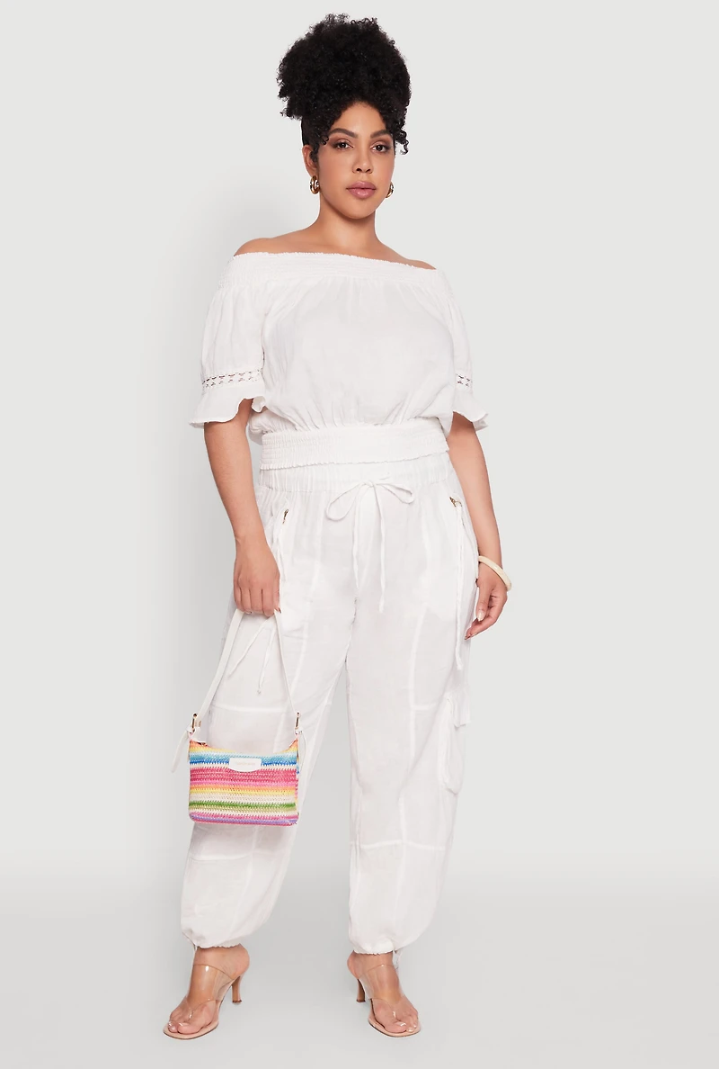 Womens Plus Size Chic Crochet Detail Off Shoulder Blouse, White, Size 1X
