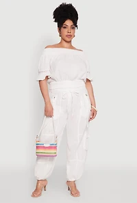 Womens Plus Size Chic Crochet Detail Off Shoulder Blouse, White, Size 1X