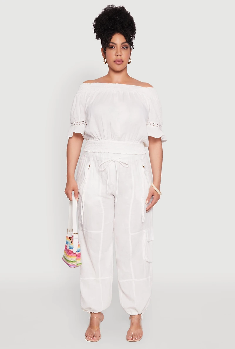 Womens Plus Size Chic Crochet Detail Off Shoulder Blouse, White, Size 1X