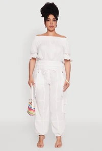 Womens Plus Size Chic Crochet Detail Off Shoulder Blouse, White, Size 1X