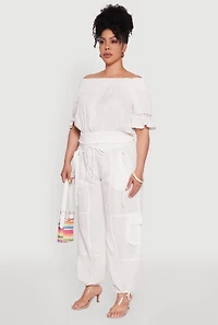 Womens Plus Size Chic Crochet Detail Off Shoulder Blouse, White, Size 1X