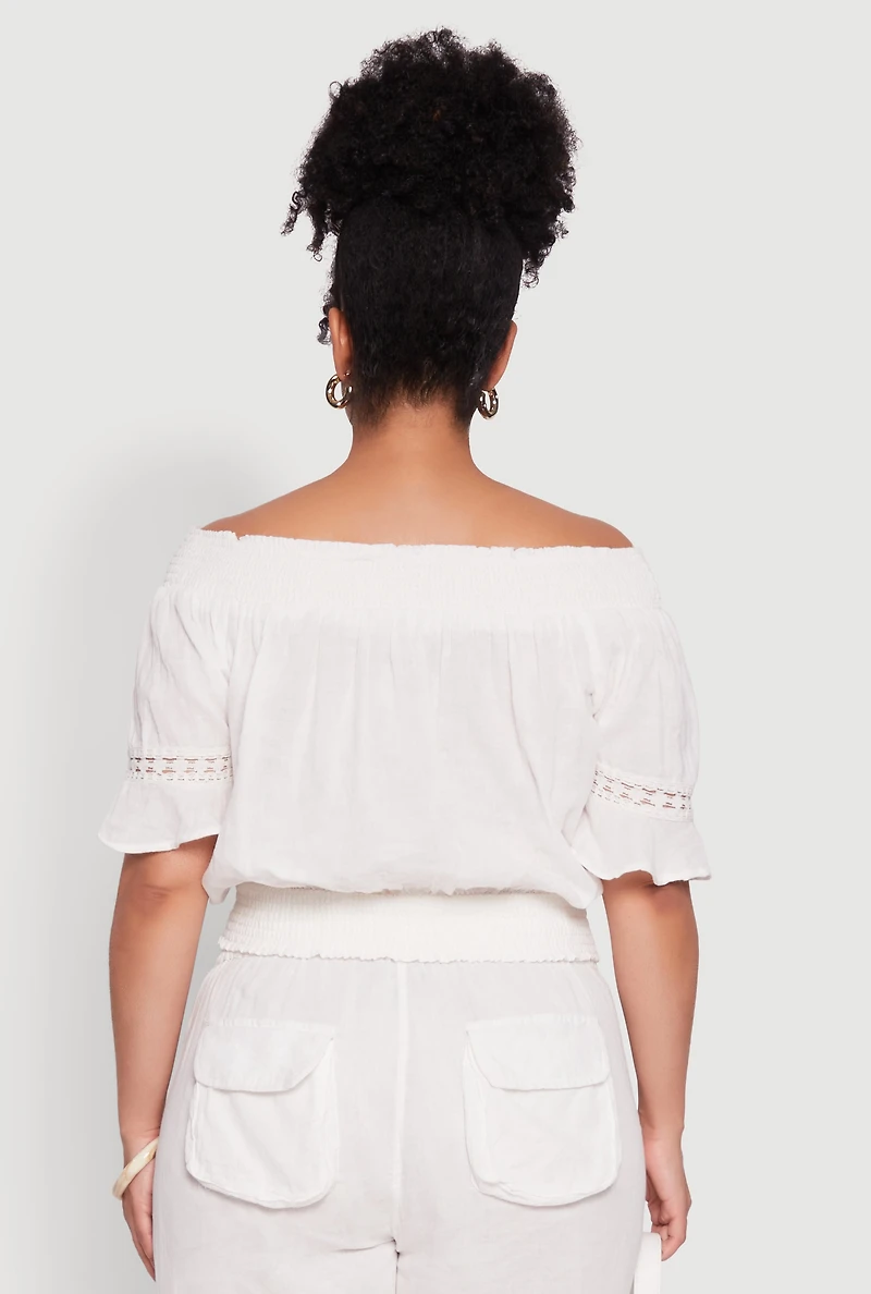 Womens Plus Size Chic Crochet Detail Off Shoulder Blouse, White, Size 1X