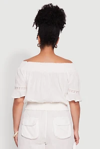 Womens Plus Size Chic Crochet Detail Off Shoulder Blouse, White, Size 1X