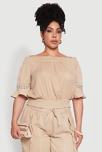Womens Plus Chic Crochet Detail Off Shoulder Blouse, Beige,