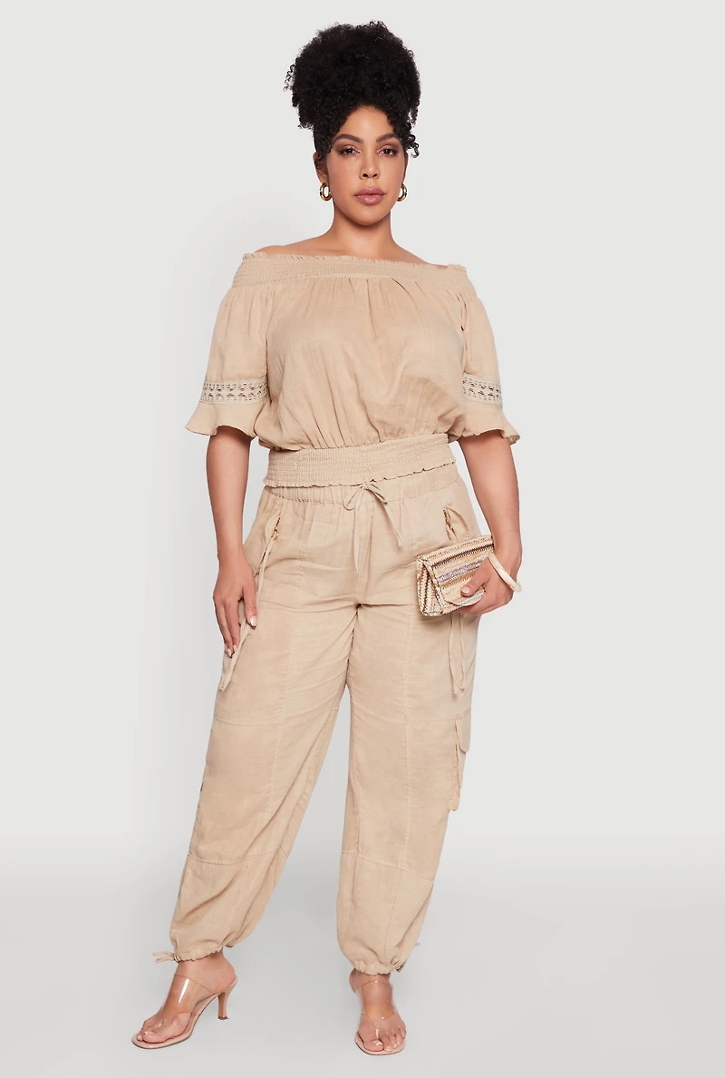 Womens Plus Chic Crochet Detail Off Shoulder Blouse, Beige,