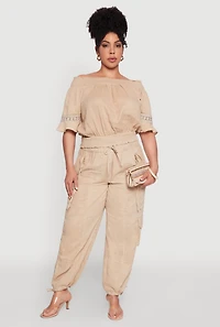 Womens Plus Chic Crochet Detail Off Shoulder Blouse, Beige,