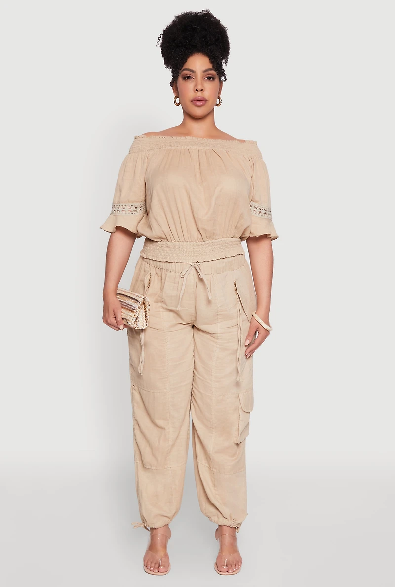 Womens Plus Chic Crochet Detail Off Shoulder Blouse, Beige,