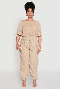 Womens Plus Chic Crochet Detail Off Shoulder Blouse, Beige,