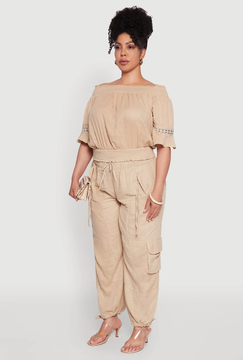 Womens Plus Chic Crochet Detail Off Shoulder Blouse, Beige,
