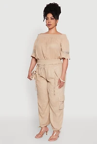 Womens Plus Chic Crochet Detail Off Shoulder Blouse, Beige,