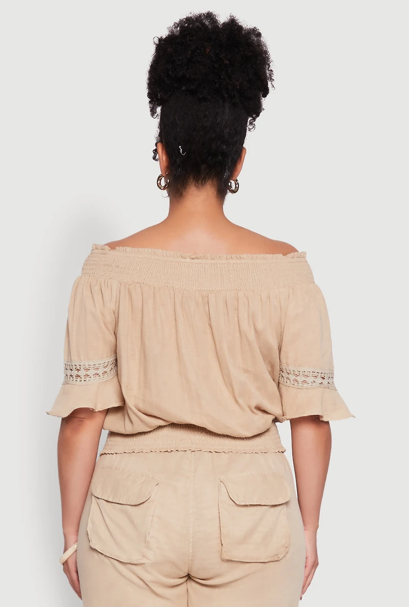 Womens Plus Chic Crochet Detail Off Shoulder Blouse, Beige,