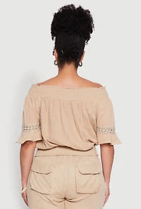 Womens Plus Chic Crochet Detail Off Shoulder Blouse, Beige,