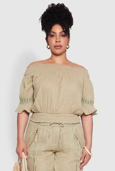 Womens Plus Size Chic Crochet Detail Off Shoulder Blouse, Green, Size 3X