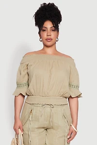 Womens Plus Size Chic Crochet Detail Off Shoulder Blouse, Green, Size 3X