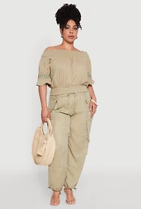 Womens Plus Size Chic Crochet Detail Off Shoulder Blouse, Green, Size 3X