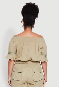 Womens Plus Size Chic Crochet Detail Off Shoulder Blouse, Green, Size 3X