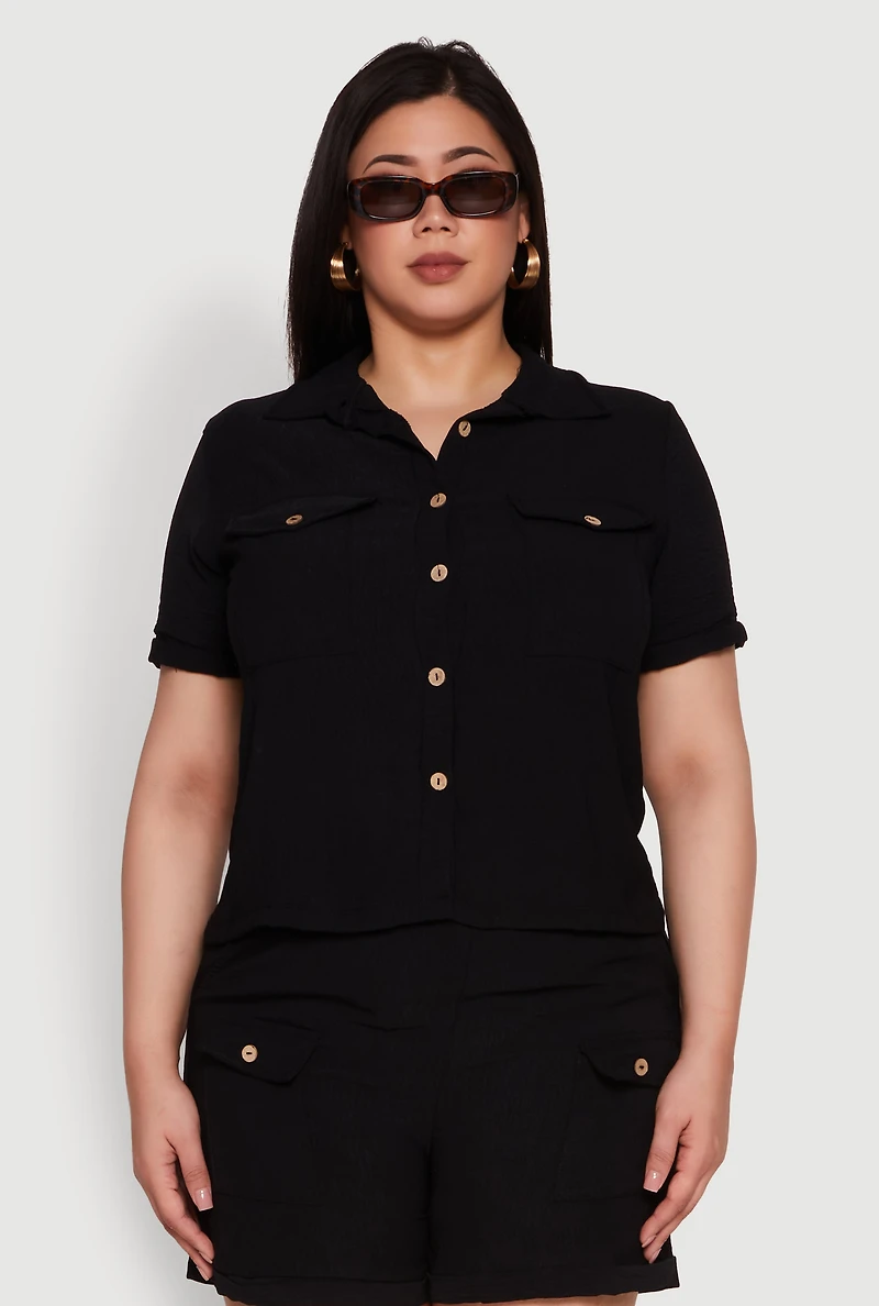 Womens Plus Size Crepe Knit Cargo Pocket Button Front Shirt, Black, Size 1X
