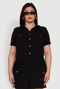 Womens Plus Size Crepe Knit Cargo Pocket Button Front Shirt, Black, Size 1X