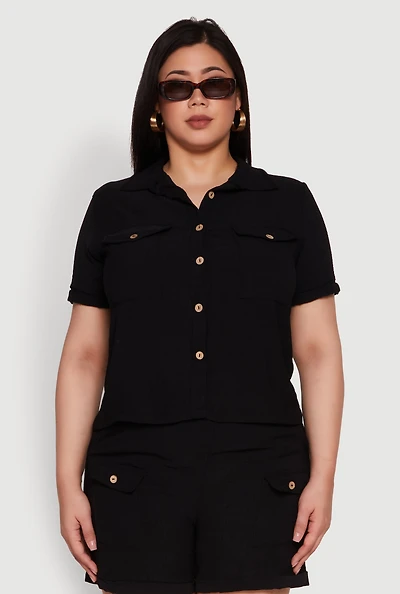 Womens Plus Crepe Knit Cargo Pocket Button Front Shirt,