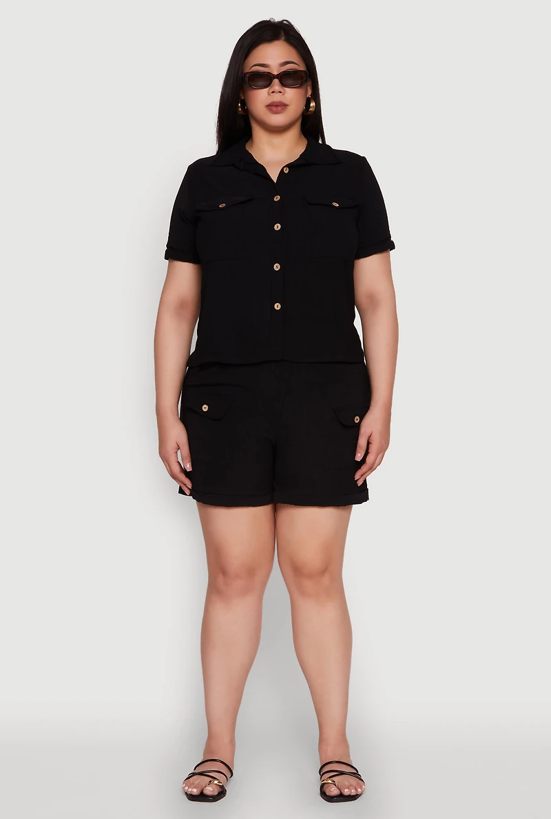 Womens Plus Size Crepe Knit Cargo Pocket Button Front Shirt, Black, Size 1X