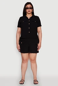 Womens Plus Size Crepe Knit Cargo Pocket Button Front Shirt, Black, Size 1X